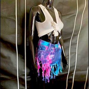 Rainbow Tie-Dye Fringe Shorts.